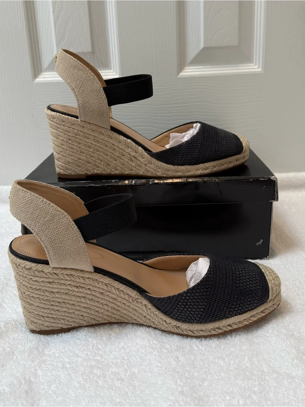 Ralph Lauren Black and Natural Espadrille Wedge Sandals with Ankle Strap